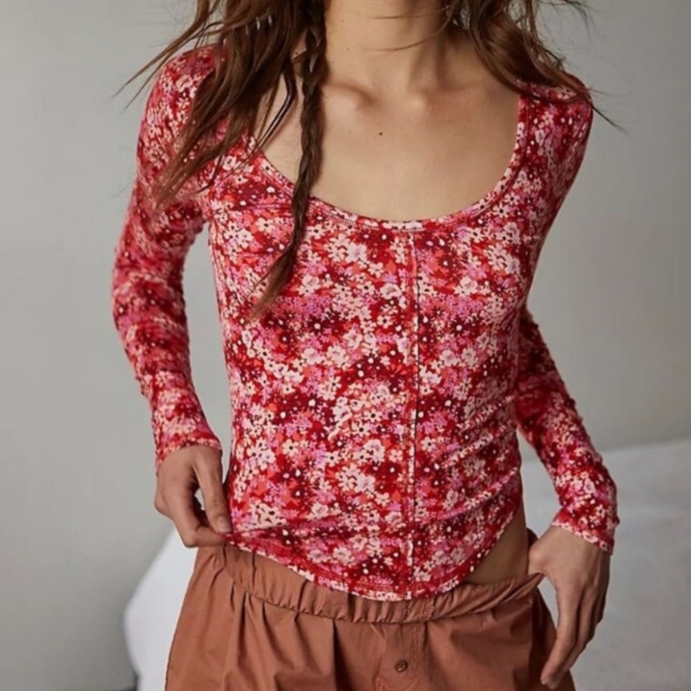 NWOT Free People Coffee Club Scoop Neck Floral Red Size Medium